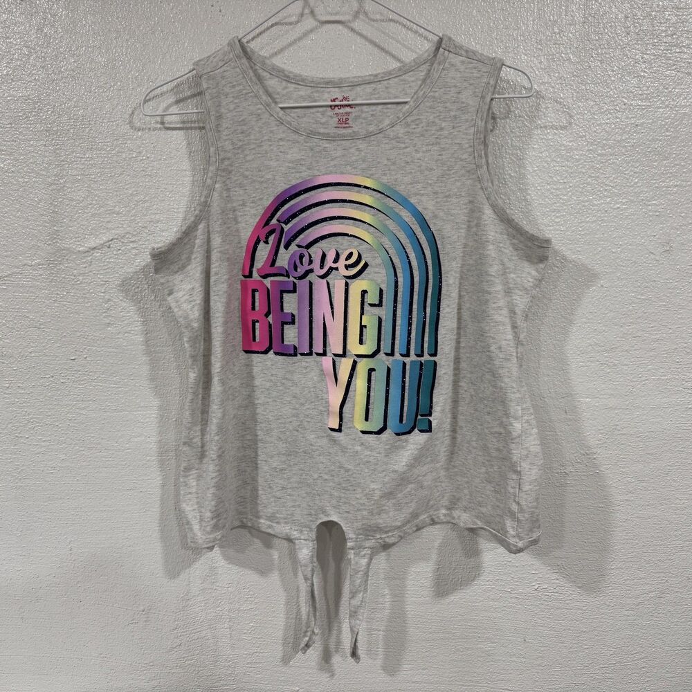 Justice Shirt Girls XLP 16/18 Gray Love Being You Rainbow Tie Front Tank Top